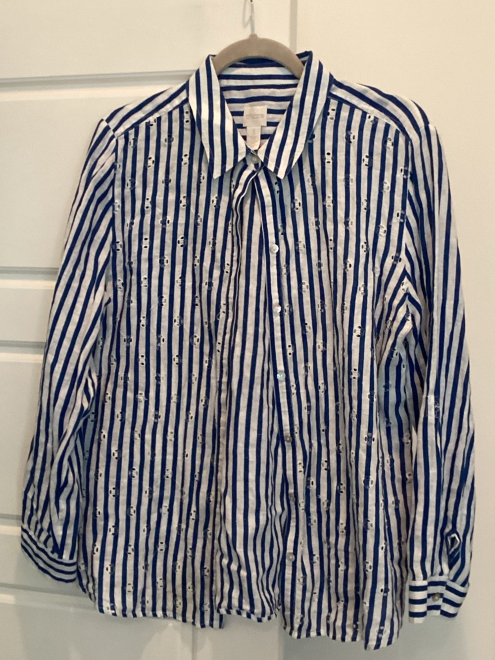 Chico's Blue and White Striped Eyelet Button-Up Shirt